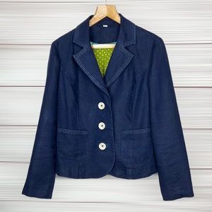BODEN Linen Navy Blue Blazer Jacket Three Buttons Front size US 10